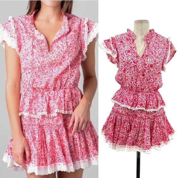 Misa‎ Los Angeles Lilian Dress Tiered Ruffle Animal Floral Print Pink Size XS - Picture 1 of 16